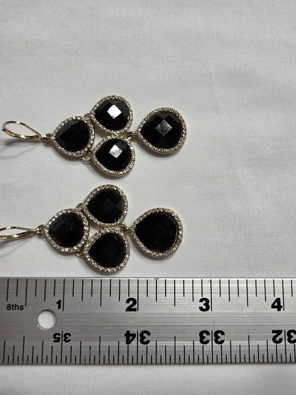 Elegant Black Gem Teardrop Dangle Earrings - Gold Tone